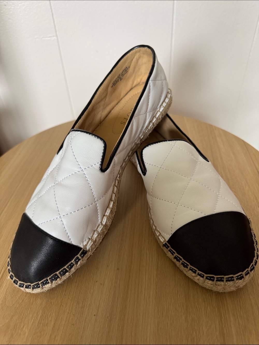 Talbots Izzy White & Black Quilted Soft Nappa Leather Cap Toe Espadrille Flats